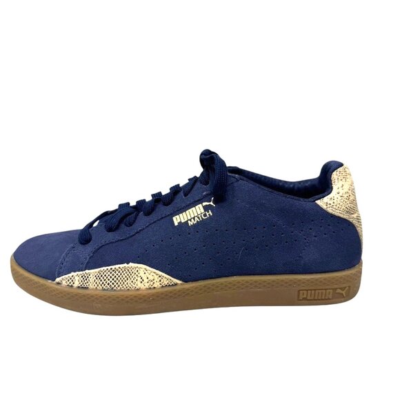 Puma Match Sneakers Women’s Size 7 Navy Suede Gold Snake Detail Gum Sole - Picture 6 of 13